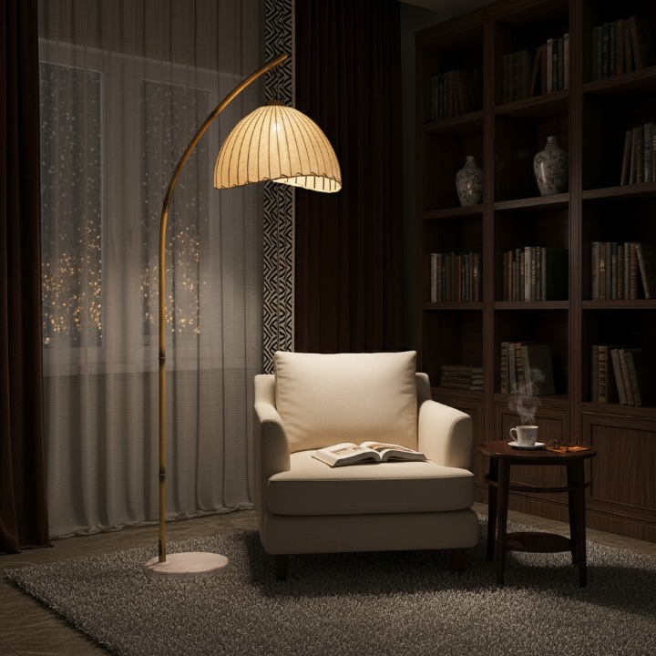 Lampa podłogowa LED w kształcie łuku z plisowanym kloszem