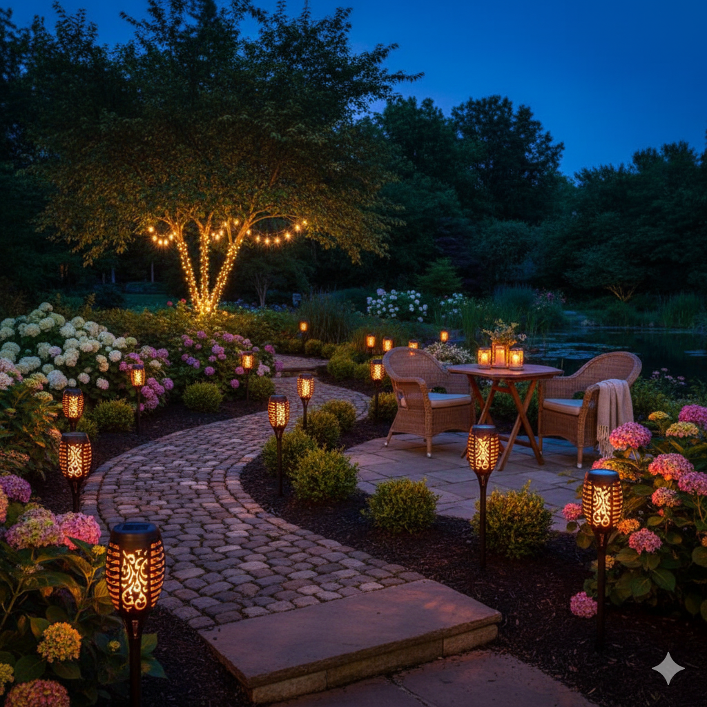 Solarny lampion ogrodowy z efektem płomienia do użytku na zewnątrz