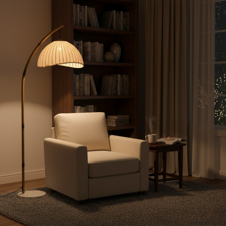 Lampa podłogowa LED w kształcie łuku z plisowanym kloszem